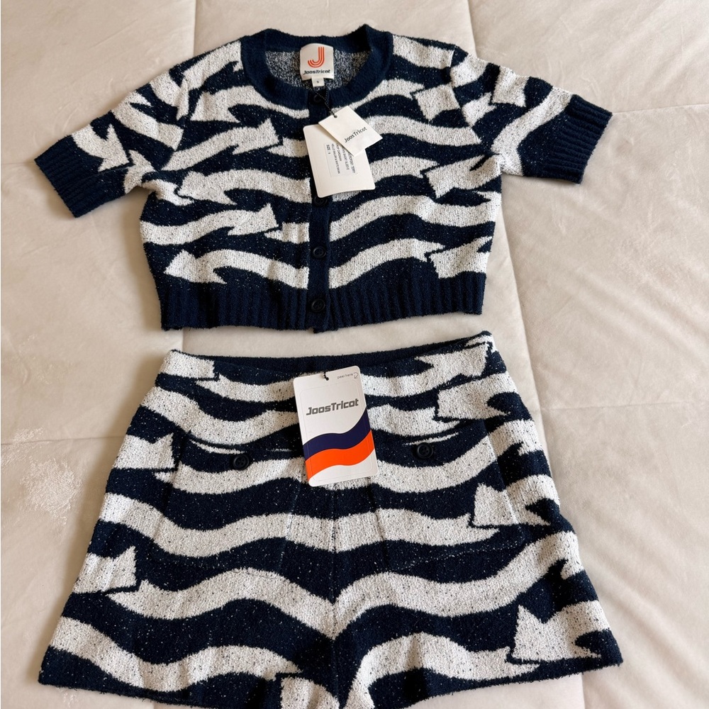 REVOLVE Navy and White Zebra-Stripe Knit Crop Cardigan